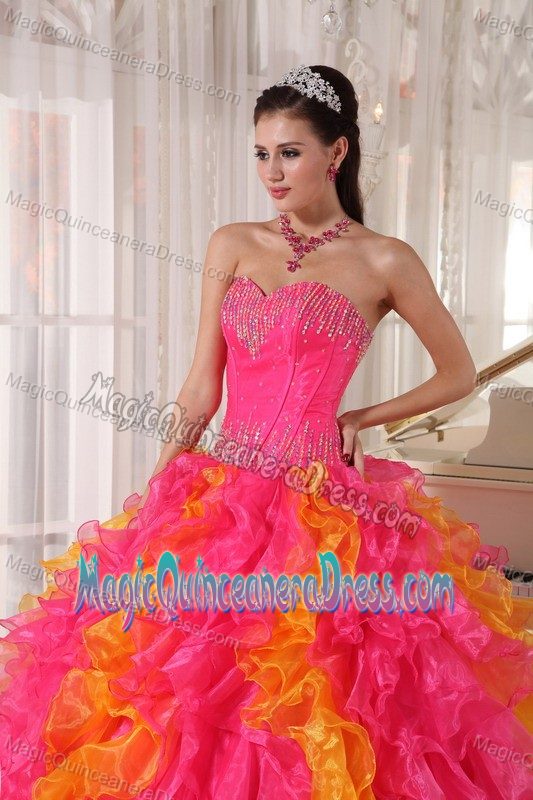 Trendy Hot Pink and Orange Ruffled Quince Dresses with Paillette on Sale