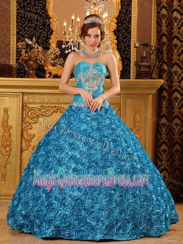 Newest Floral Embossed Fabric Teal Quinceanera Dress with Appliques