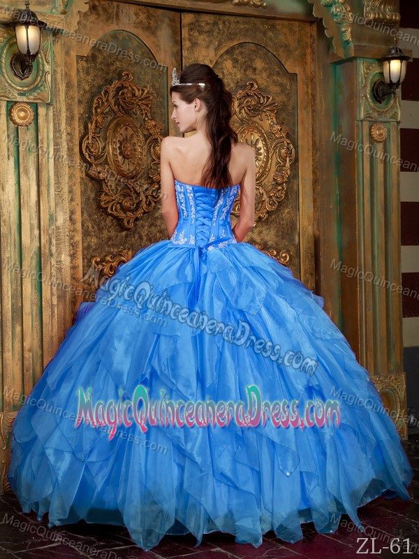 Strapless Appliqued Ruffled Aqua Blue Quinceanera Gown Fast Shipping