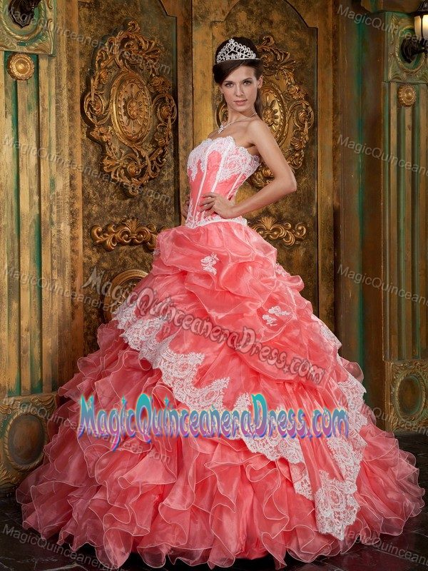 Special Design Ruffled Watermelon Quinceaneras Dress with Lace Decoration