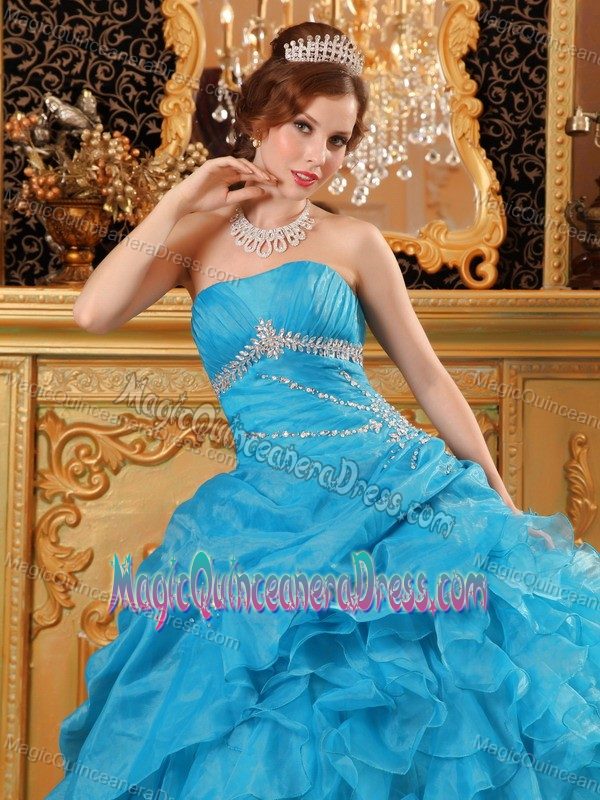 Hot Sale Strapless Teal Beaded Ruffled Sweet 15 Dresses in High Quality