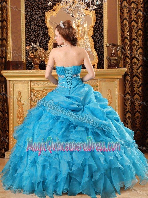 Hot Sale Strapless Teal Beaded Ruffled Sweet 15 Dresses in High Quality