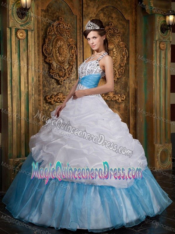 Latest Halter Beaded White and Blue Quinces Dresses in Rosario Argentina