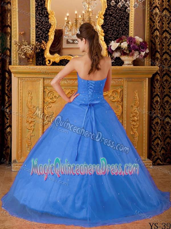 Beautiful Strapless Beaded Appliqued Blue Quinceanera Gown in Fashion