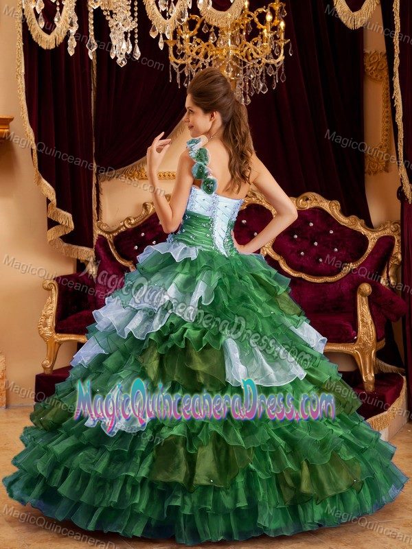 Customized One Shoulder Beaded Multi-color Quinceanera Dress with Ruffles