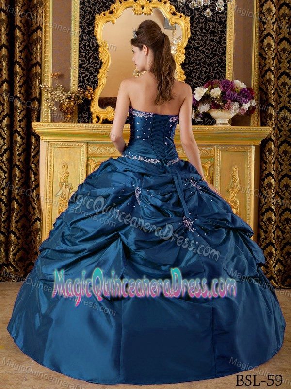 Blue Ball Gown Strapless Taffeta Appliques and Pick-ups Quinceanera Dress