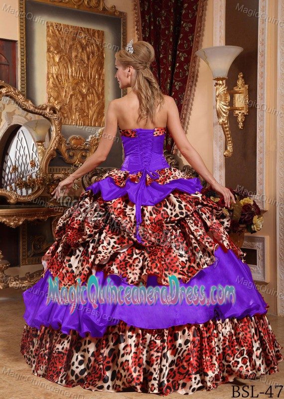 Purple Strapless Taffeta and Leopard Pick-ups Quinceanera Dress in Portland