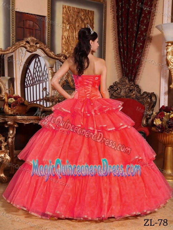 Coral Red Ball Gown Strapless Organza Sweet Sixteen Dress with Bowknot