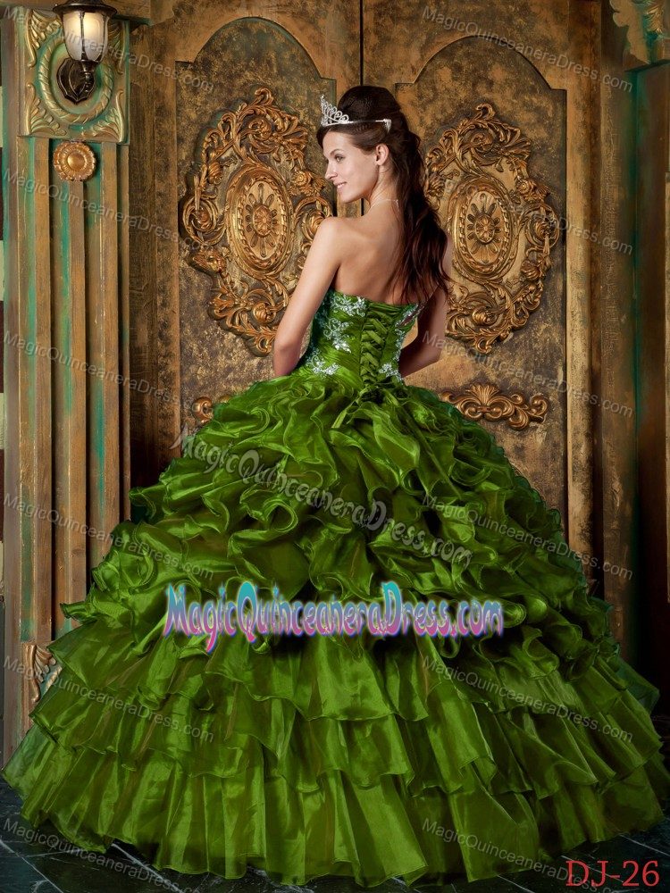 Olive Green Strapless Organza Ruffles and Appliques Quinceanera Dress