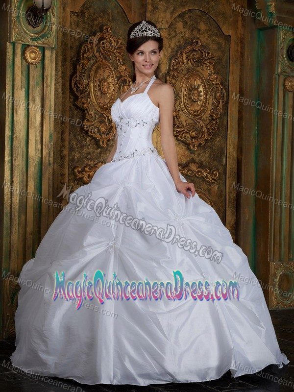 White Ball Gown Halter Taffeta Beading Quinceanera Dress in Grants Pass
