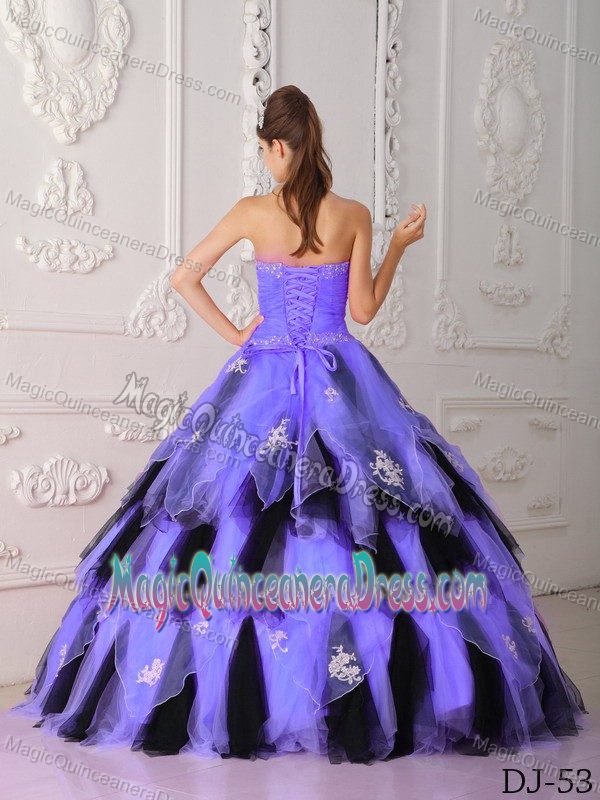 Purple and Black Princess Strapless Organza Appliques Quinceanera Dress