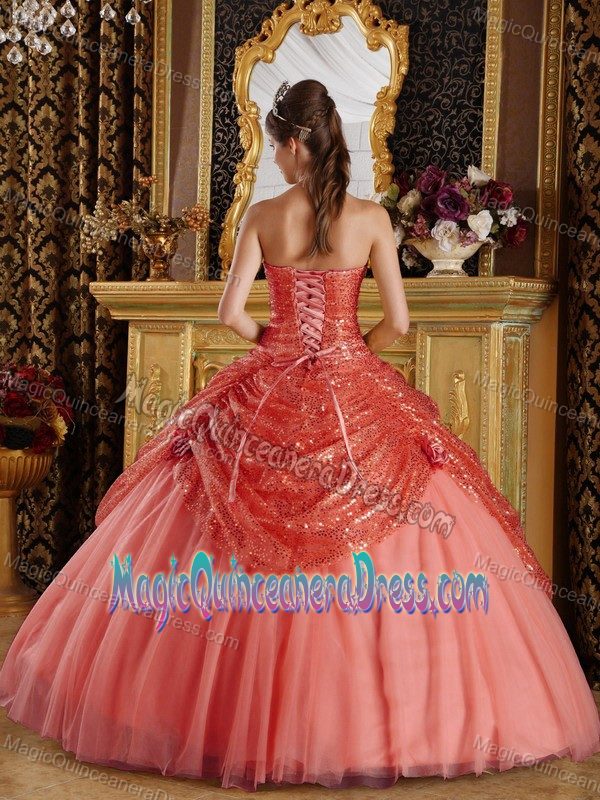 Rust Red Sweetheart Sequined and Tulle Handle Made Flowers Quinceanera Dress