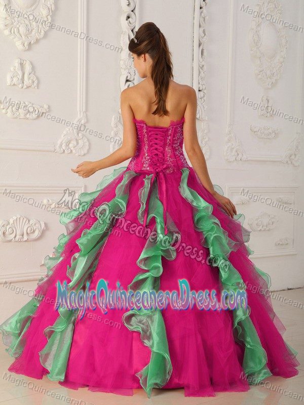Hot Pink and Green Strapless Appliques and Beading Sweet Sixteen Dress