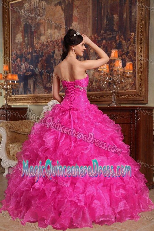 Hot Pink Sweetheart Organza Beading Sweet Sixteen Quinceanera Dress in Bend