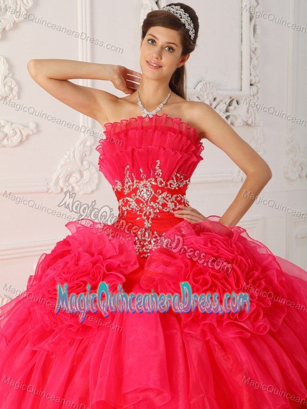 Red Strapless Taffeta and Organza Quinceanera Gown Dress with Appliques