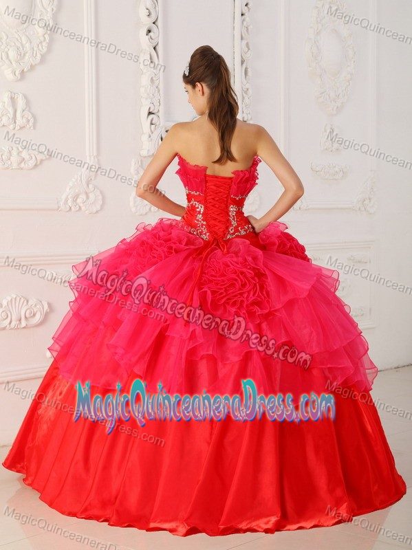 Red Strapless Taffeta and Organza Quinceanera Gown Dress with Appliques