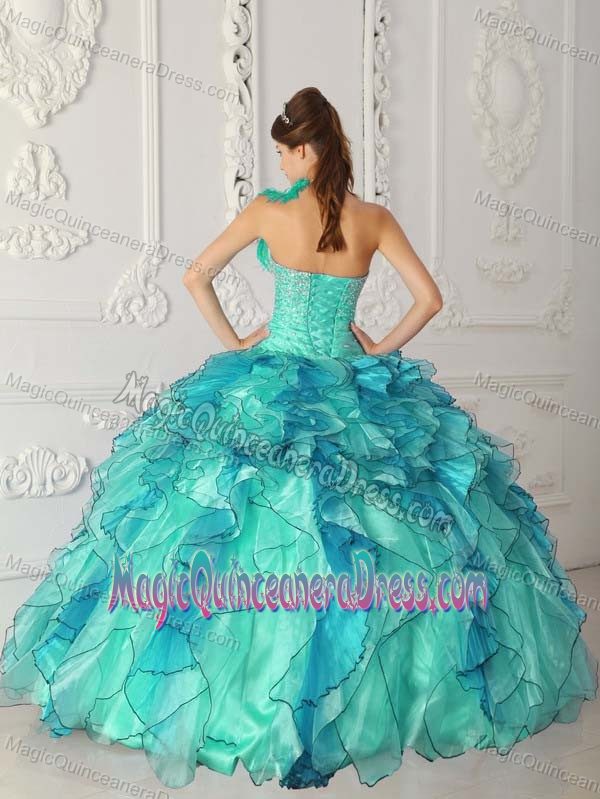 Turquoise One Shoulder Satin and Organza Beading Sweet Sixteen Quince Dress