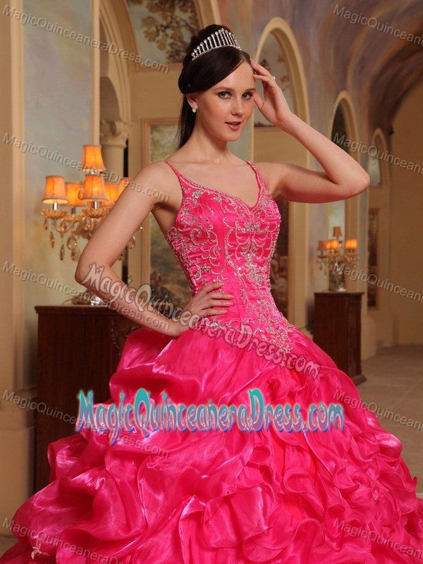 Red Spaghetti Straps Organza Embroidery Quinceanera Dress with Court Train