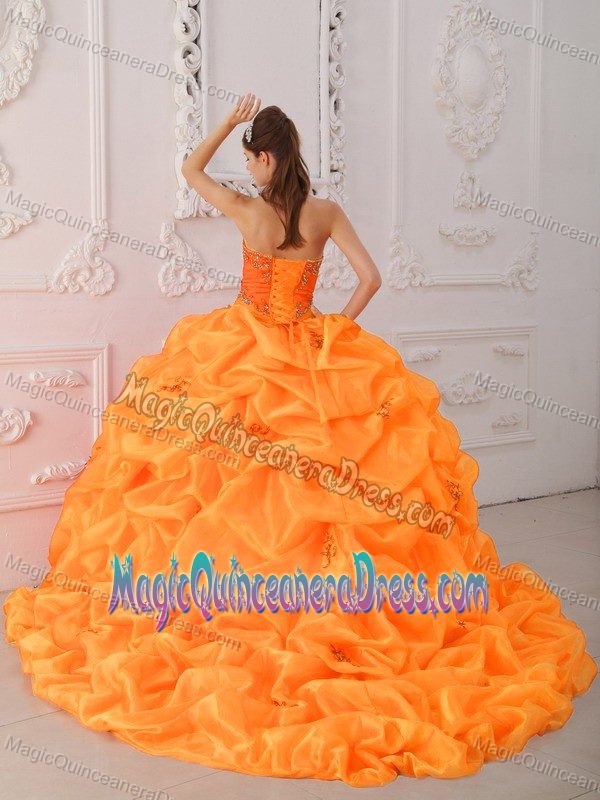 Orange Red Sweetheart Sweep Train Beading and Appliques Quinceanera Dress