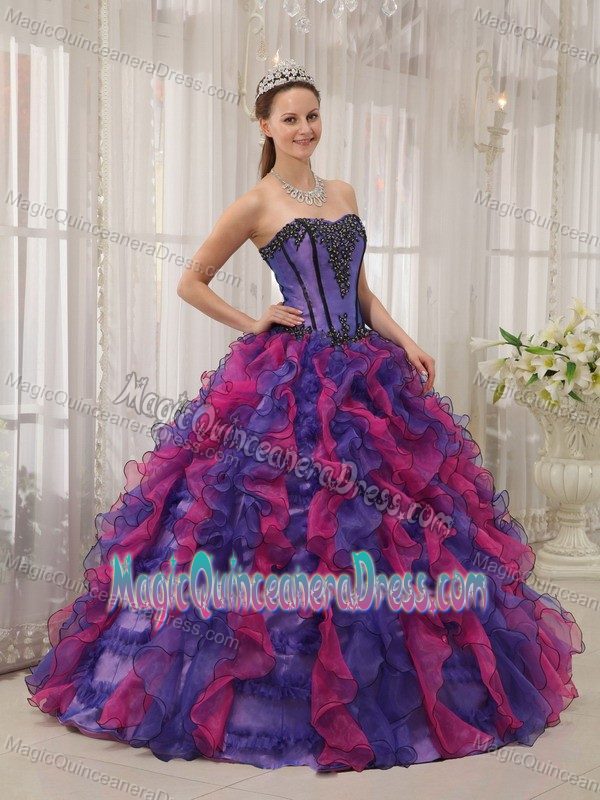 Multi-colored Sweetheart Ruffled Organza Appliques Sweet Sixteen Dress