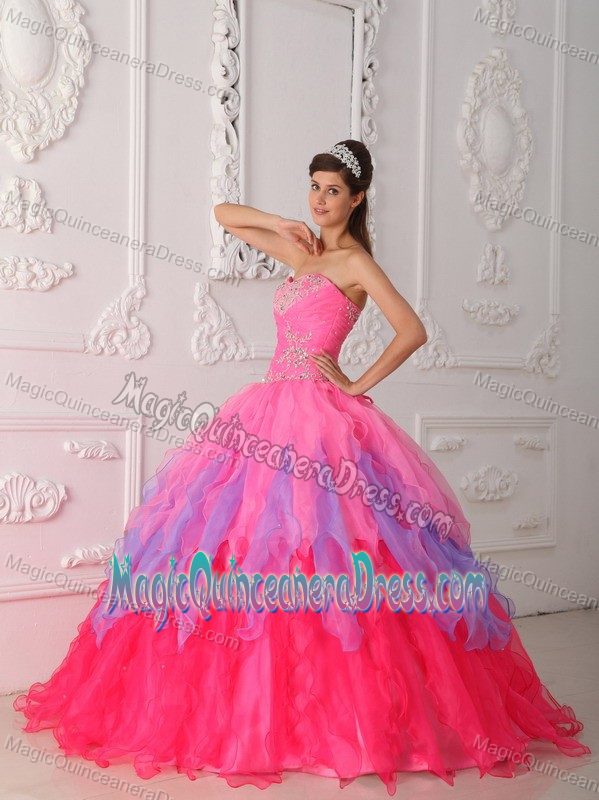 Hot Pink Sweetheart Organza Beading and Ruching Quinceanera Dress in Tulsa