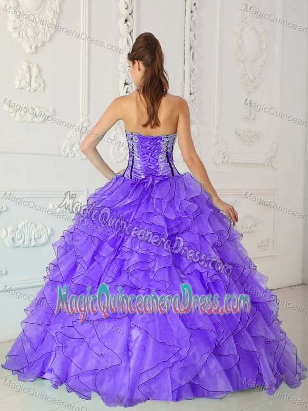 Purple Ball Gown Strapless Organza Appliques and Ruffles Quinceanera Dress
