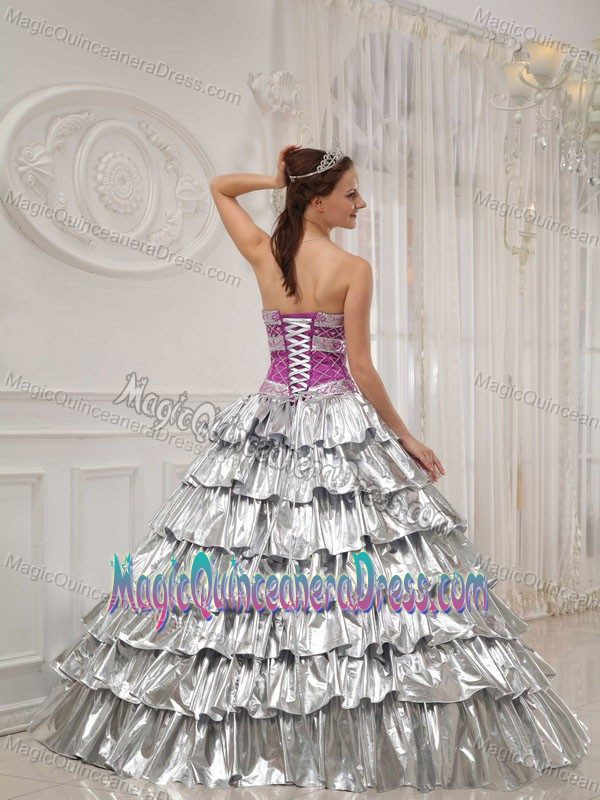 Silver A-line Strapless Satin and Taffeta Beading Quinceanera Gown Dress