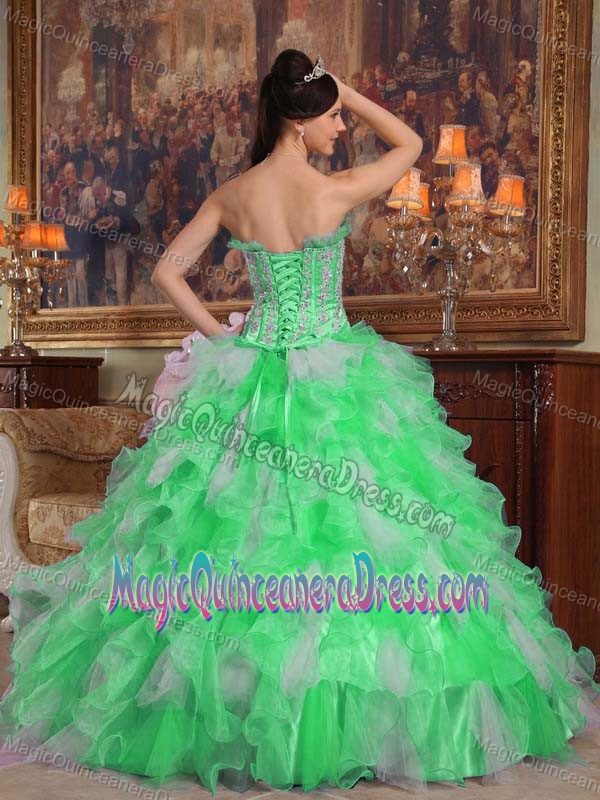 Green Strapless Appliques and Ruffles Organza Quinceanera Dress in Oxford