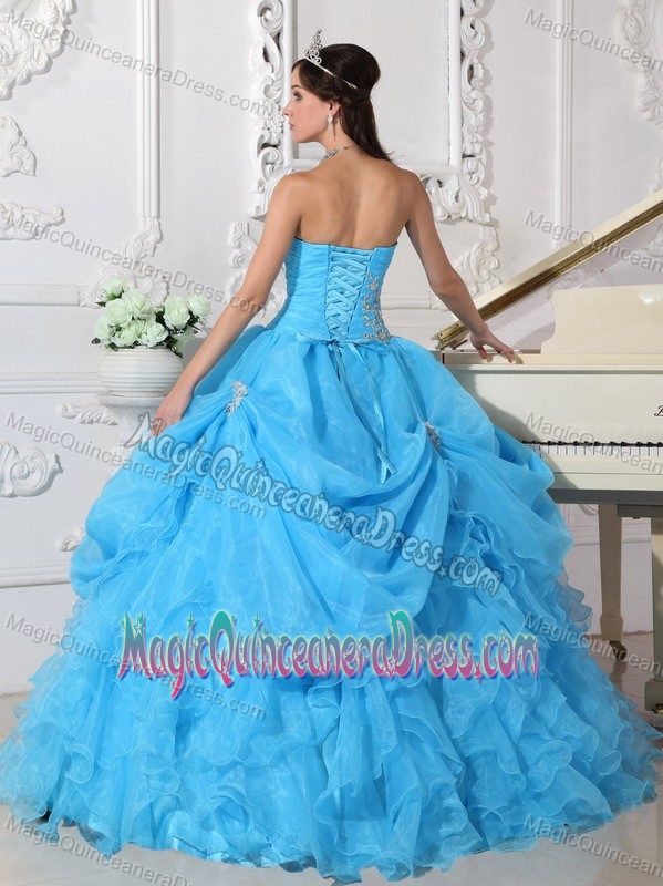 Aqua Blue Strapless Organza Beading Quinceanera Gown Dress with Appliques