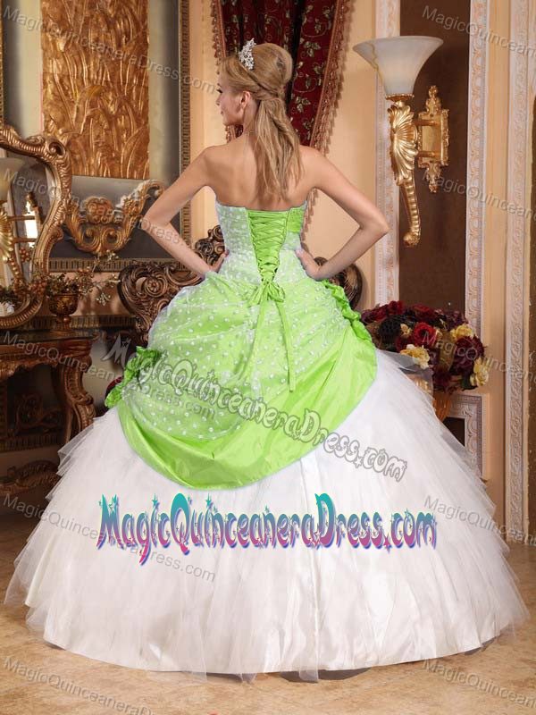 Beautiful Green and White Strapless Hand Made Flowers Quinceanera Dress