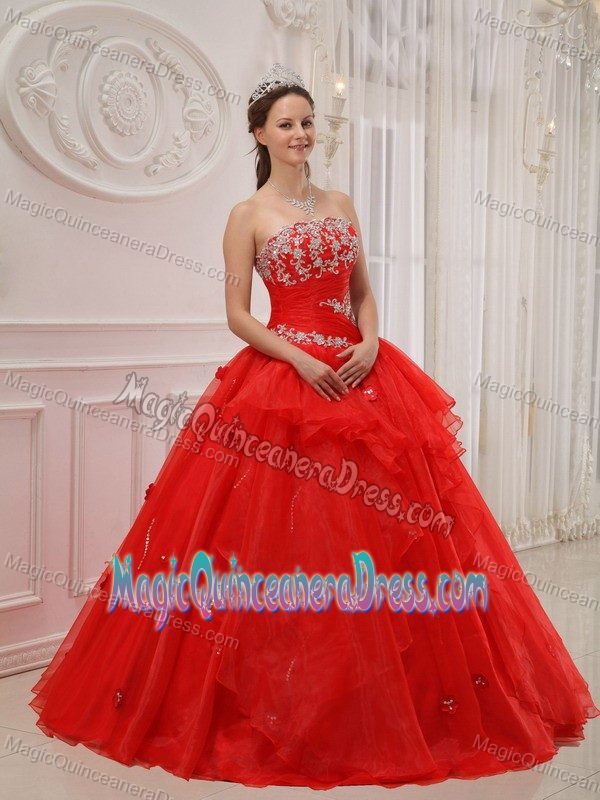 Red Strapless Taffeta and Organza Appliques Quinceanera Dress in Cleveland