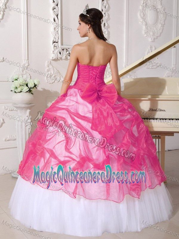 Hot Pink and White Strapless Taffeta and Organza Appliques Quince Dress