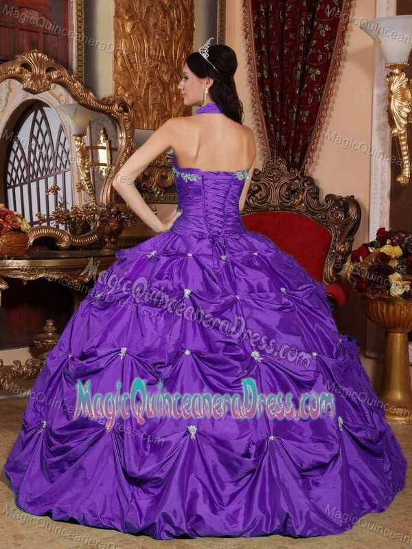Purple Ball Gown Halter Top Appliques and Pick-ups Quinceanera Dress