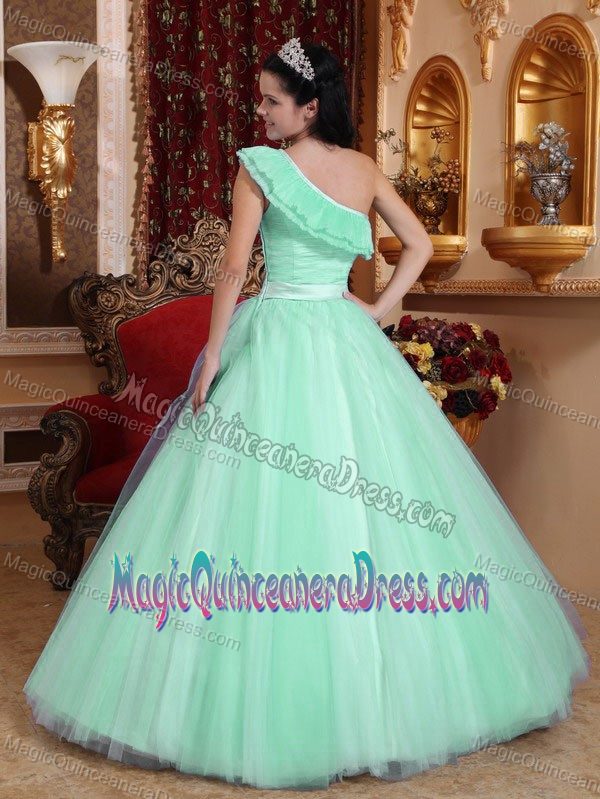 Apple Green A-line One Shoulder Tulle Ruching Sweet Sixteen Quince Dress