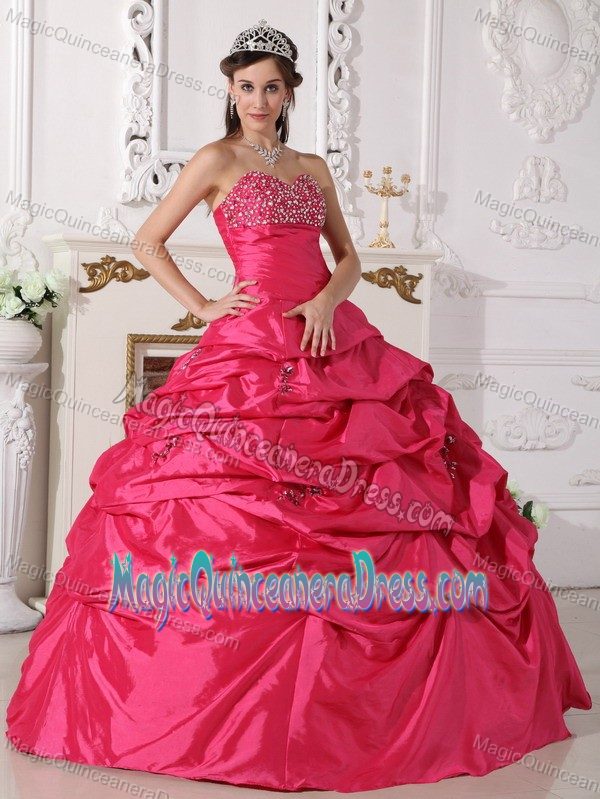 Coral Red Sweetheart Taffeta with Beading and Pick-ups Quinceanera Dress