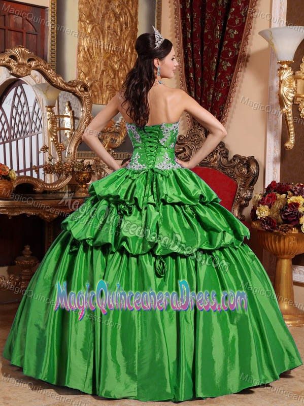Green Sweetheart Taffeta Appliques and Hand Made Flower Quinceanera Dress