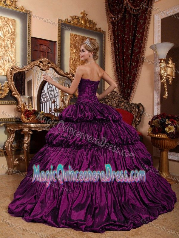 Eggplant Purple Chapel Train Sweet 16 Dress with Appliques and Pick-ups