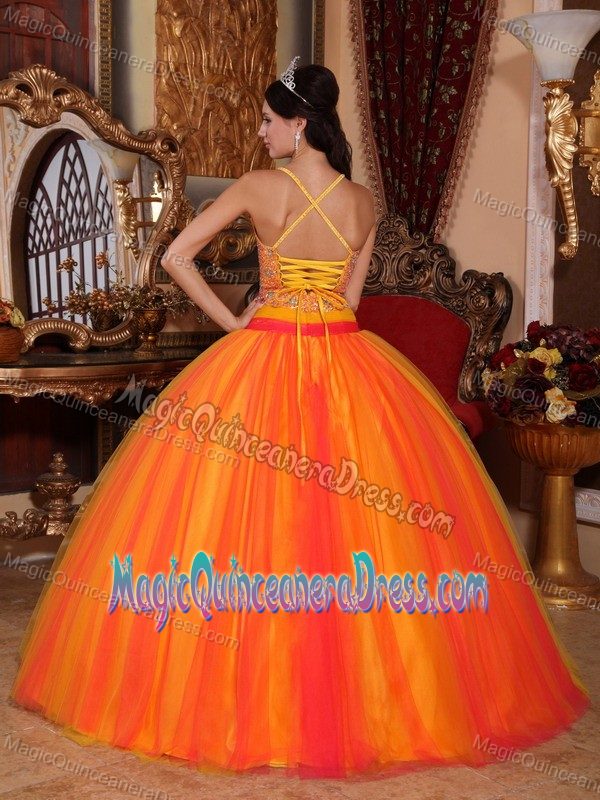 Bright Orange Red Beaded Floor-length Dresses For Quinceanera with Straps