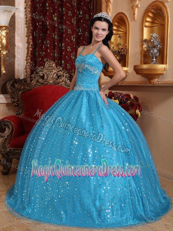 Aqua Blue Beaded Floor-length Quince Dress with Spaghetti Straps in Erie