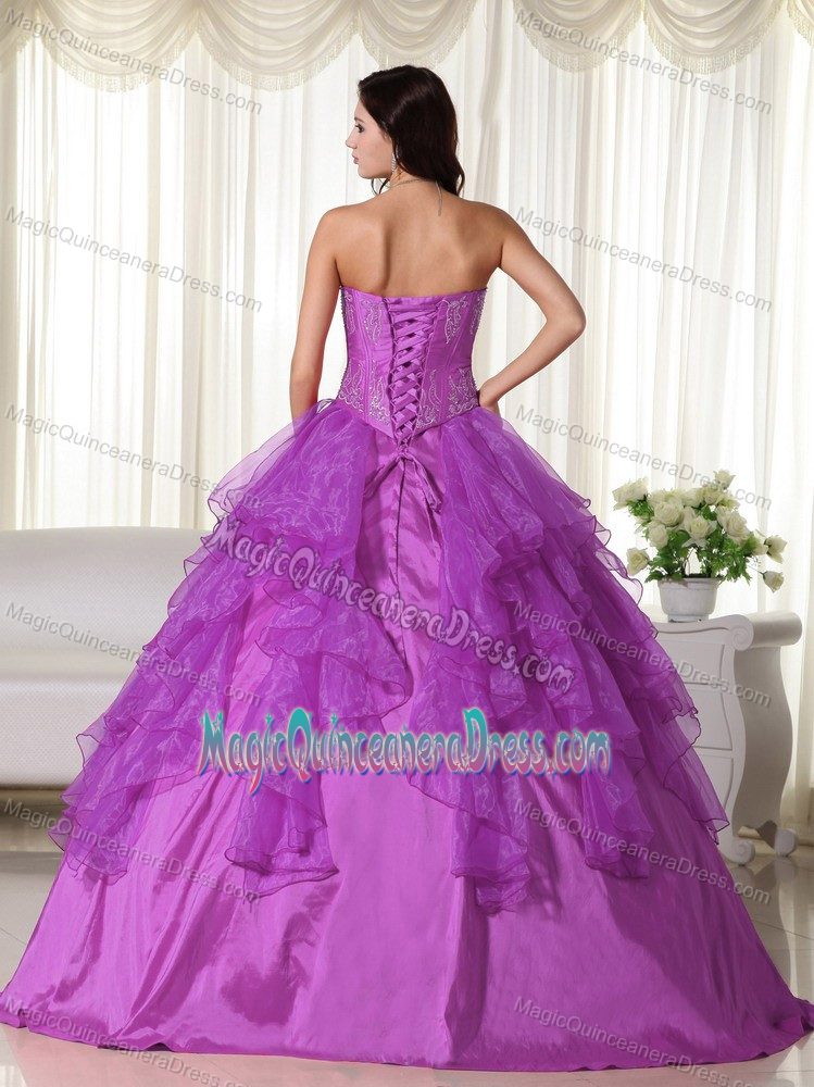 Purple Sweetheart Full-length Quince Dresses with Ruffles and Embroidery