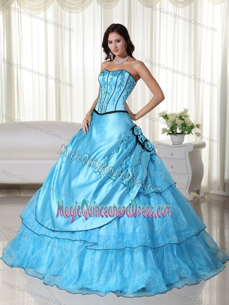 Aqua Strapless Full-length Dress For Quinceanera with Flowers and Layers