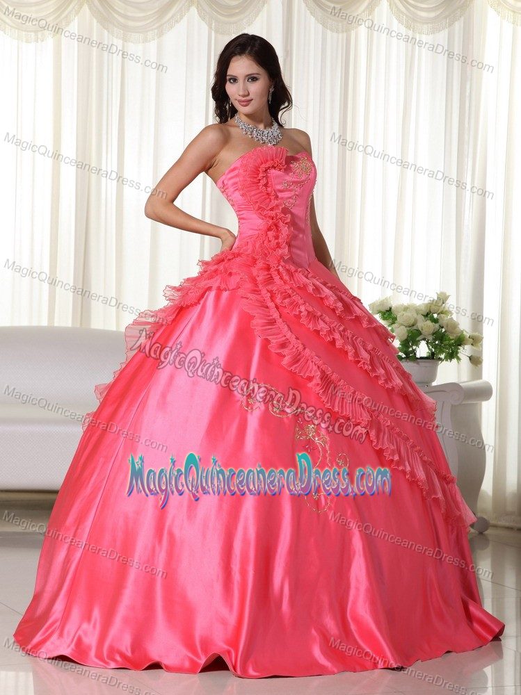 Coral Red Lace-up Long Quinces Dress with Ruffle-layers and Embroidery