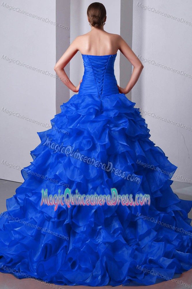 Elegant Sweetheart Blue Full-length Quince Dress with Beading and Ruffles