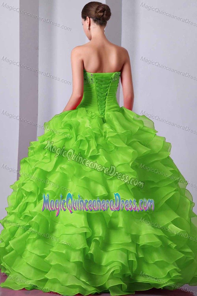 Bright Green Beaded Sweetheart Long Sweet 15 Dresses with Ruffle-layers