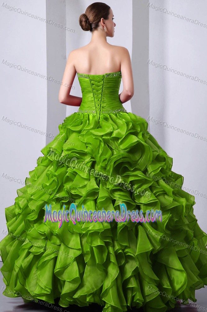 Modest Sweetheart Green Long Quinces Dresses with Ruffle-layers in Troy