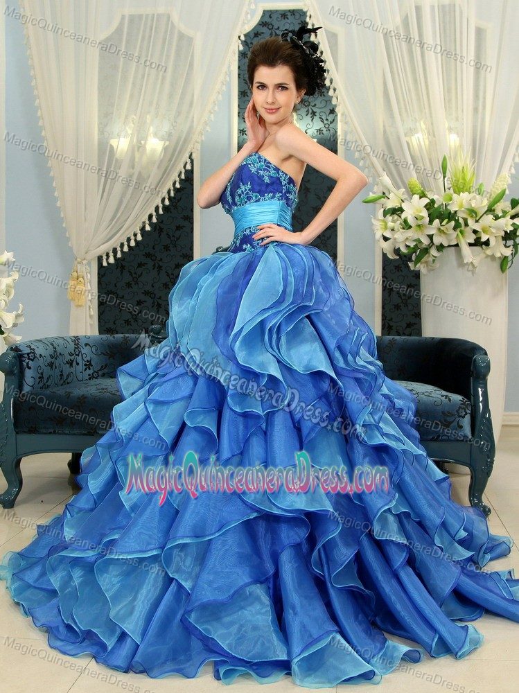 Sky Blue Appliqued Strapless Full-length Quince Dresses with Ruffle-layers