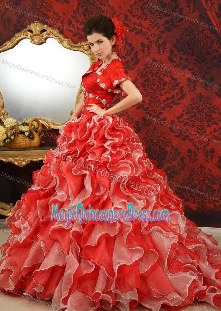 Luxurious Red Beaded Sweetheart Long Quince Dress with Ruffles in Taos