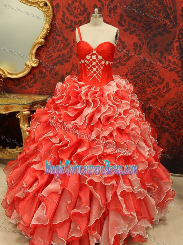 Luxurious Red Beaded Sweetheart Long Quince Dress with Ruffles in Taos