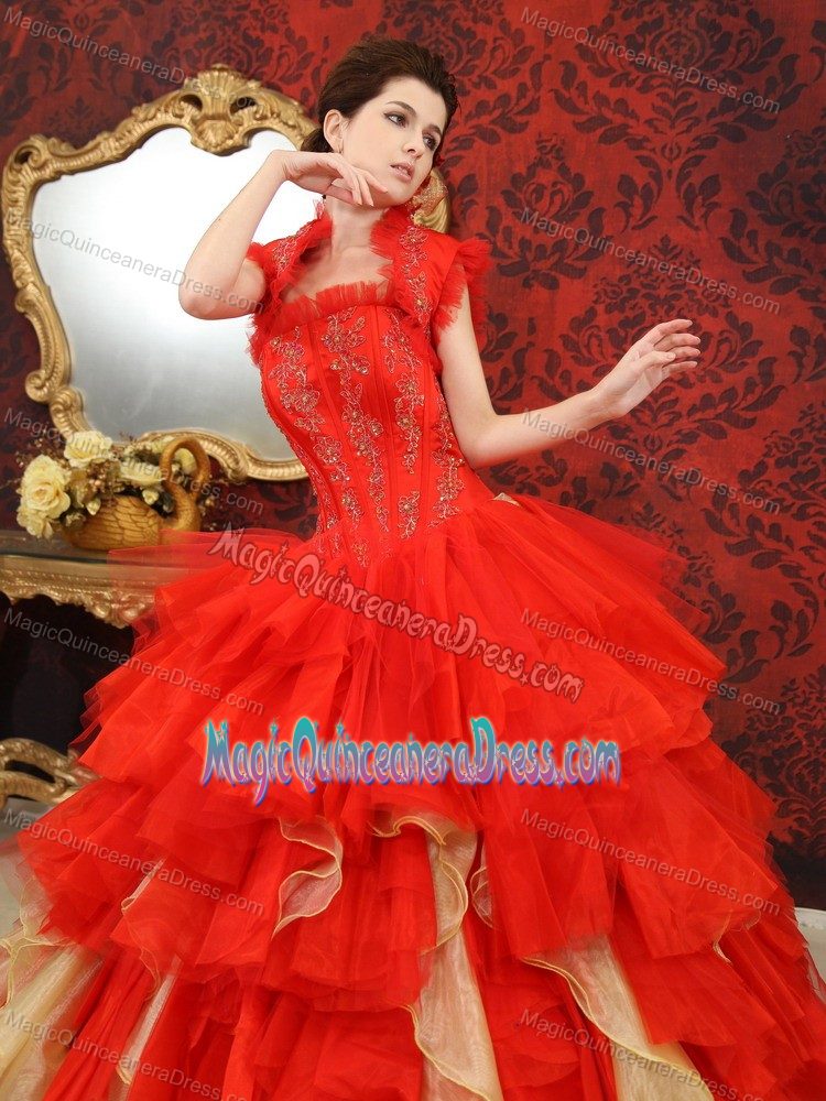 Colorful Strapless Chapel Beaded Quince Dress with Appliques and Ruffles