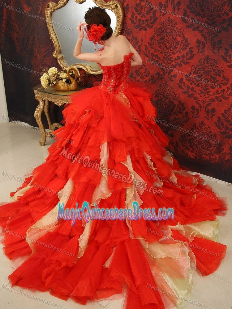 Colorful Strapless Chapel Beaded Quince Dress with Appliques and Ruffles